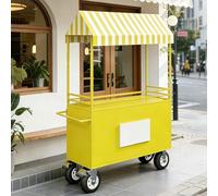 Chariot de vente en fer avec auvent rayé, roues 6 pouces, capacité 500 kg - Stand mobile pour marché fermier, événements yellow 47.2inX22.8inX74.8in