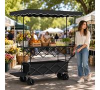 Chariot de Vente Extérieur avec Auvent, Chariot de Marché Pliable Portable avec Plateau d’Exposition, Poignée Réglable, Porte Latérale et Roues Verrouillables pour Marché, Stand Café, Fleuriste black