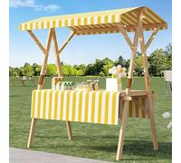 Chariot de vente extérieur avec auvent et roues, stand de marché pliable en bois, présentoir mobile pour street food, marchés, festivals et événements extérieurs Yellow Stripes 150cm/59.0in