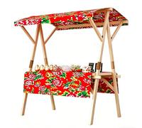 Chariot de vente extérieur avec auvent et roues, stand de marché pliable en bois, présentoir mobile pour street food, marchés, festivals et événements extérieurs Red Floral 150cm/59.0in