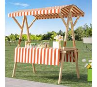 Chariot de vente extérieur avec auvent et roues, stand de marché pliable en bois, présentoir mobile pour street food, marchés, festivals et événements extérieurs Orange Stripes 150cm/59.0in