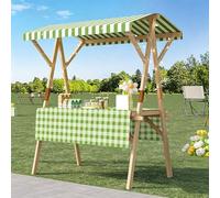 Chariot de vente extérieur avec auvent et roues, stand de marché pliable en bois, présentoir mobile pour street food, marchés, festivals et événements extérieurs Light Green Plaid 150cm/59.0in
