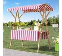 Chariot de vente extérieur avec auvent et roues, stand de marché pliable en bois, présentoir mobile pour street food, marchés, festivals et événements extérieurs Pink Stripes 150cm/59.0in