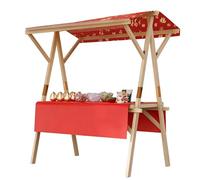 Chariot de vente extérieur avec auvent et roues, stand de marché pliable en bois, présentoir mobile pour street food, marchés, festivals et événements extérieurs Red "Fu" Character 150cm/59.0in
