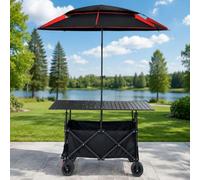 Chariot de Vente Extérieur avec Parasol et Roues Pivotantes, Stand Portable pour Marché Fermier avec Plateau Pliable, Chariot Utilitaire pour Café, Fleurs, Plage, Camping et Événements black