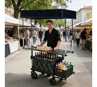 Chariot de Vente extérieur Portable, remorque Pliable à Roues dotée d'un auvent, idéal pour Une Utilisation comme étal de marché Fermier pour Vendre des Desserts, des Boissons et des Plats prép Black