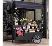 Chariot De Vente Fleurs En Fer Forgé Noir, Présentoir Extérieur, Avec Roues Espace Rangement, Adapté Aux Marchés Et Jardins(L 140CM/55.1IN)