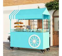 Chariot de Vente Mobile avec Auvent, Stand de Restauration Portable sur Roues Verrouillables, Grand Espace de Rangement pour Café, Boissons, Snacks et Pâtisseries, Chariot Marché Extérieur blue