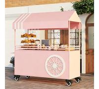 Chariot de Vente Mobile avec Auvent, Stand de Restauration Portable sur Roues Verrouillables, Grand Espace de Rangement pour Café, Boissons, Snacks et Pâtisseries, Chariot Marché Extérieur pink