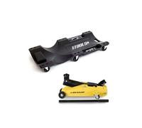 Chariot de visite BM TOOLS Mécanicien Garagiste & Cric Rouleur Hydraulique Compact 2T - Planche de travail, 6 roulettes