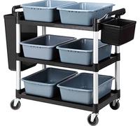 Chariot d'utilité Lourde à 3 Niveaux, Chariot de Couverts de Restaurant, Organisateur d'unité Mobile Polyvalent à Usage Multiples avec 6 bassins et 2 seaux.