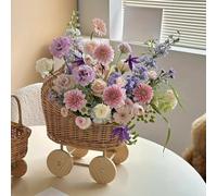 Chariot en rotin pour bouquetière, panier à fleurs en rotin tissé, en forme de poussette, avec poignée, panier décoratif tissé pour bouquetière, mariages et événements (beige-L)