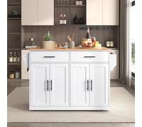 Chariot Îlot De Cuisine Pliable, 120x46(70) x91 cm, Meuble De Rangement 4 Portes, 2 Tiroirs, Buffet avec roulettes Et Pieds en Bois Interchangeables, Idéale pour La Cuisine Et La Salle À Manger