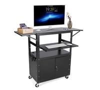 Chariot Informatique Mobile en Métal avec Roues, Chariot de Présentation Audiovisuel avec Armoire Verrouillable, Plateau Clavier Escamotable, Tablettes Latérales Pliables et Multiprise pour bureau éco