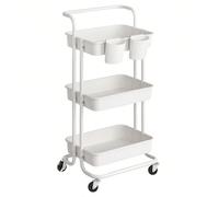 Chariot Mobile à 3 Niveaux, avec poignée, 2 Pots, 2 Freins, paniers en plastique, Montage Facile, pour chambre, Cuisine, Blanc