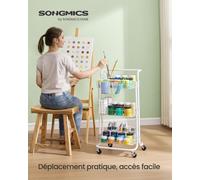 Chariot Mobile à 3 Niveaux, Desserte sur roulettes, Étagère de Rangement, Poignée, 2 Pots, 2 Freins, Paniers en Plastique, Montage Facile, Chambre, Cuisine, Blanc et Transparent