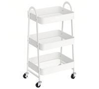 Chariot Mobile à 3 Niveaux, Étagère de rangement en métal, avec poignées, 2 Freins, Montage Facile, pour atelier, Chambre, Cuisine, buanderie, Blanc