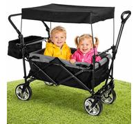 Chariot pliable avec toit, 105 l, 100 kg, poignée de poussée et barre de traction télescopique, 2 freins de stationnement + frein central arrière, système de ceinture à 3 points, poche arrière XXL