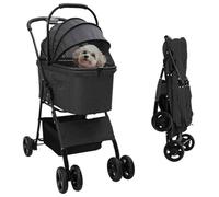 Chariot pliable en polyester noir 81 x 47 x 99 cm avec frein, fenêtre en filet, sac et panier pour chien, chat, chiot, pliable, idéal pour la marche, les voyages, l'extérieur, le vétérinaire