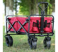 Chariot pliable portable, chariot de plage et de camping avec roues tout terrain de 19,1 cm, chariot utilitaire de jardin léger - Couleur rouge