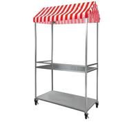 Chariot pliable pour marchand de nourriture de rue, support de présentation avec auvent et roues verrouillables, présentoir alimentaire à 2 niveaux pour événements en plein air