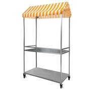Chariot pliable pour marchand de nourriture de rue, support de présentation avec auvent et roues verrouillables, présentoir alimentaire à 2 niveaux pour événements en plein air