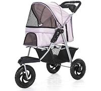 Chariot pliable pour poussette pour chien et chat à 3 roues avec porte-gobelets, panier de rangement, poussette de voyage pour animaux de compagnie, démontable et facile à nettoyer (noir) (violet)