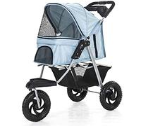 Chariot pliable pour poussette pour chien et chat à 3 roues avec porte-gobelets, panier de rangement, poussette de voyage pour animaux de compagnie, démontable et facile à nettoyer (noir) (bleu)
