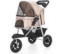 Chariot pliable pour poussette pour chien et chat à 3 roues avec porte-gobelets, panier de rangement, poussette de voyage pour animaux de compagnie, démontable et facile à nettoyer (noir) (café)