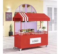 Chariot portable avec auvent rayé, chariot de vente de nourriture de rue avec roues - Présentoir créatif en fer pour rue/événements/plages (rouge, 120 cm)