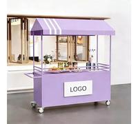 Chariot portable avec auvent rayé, chariot de vente de nourriture de rue avec roues - Présentoir créatif en fer pour rue/événements/plages (violet, 140 cm)