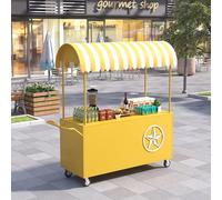 Chariot portable d'extérieur avec auvent rayé, présentoir mobile pour aliments avec roues verrouillables, grand stand de marché créatif en fer, pour événements, marchés et aliments de rue