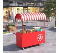 Chariot portable d'extérieur avec auvent rayé, présentoir mobile pour aliments avec roues verrouillables, grand stand de marché créatif en fer, pour événements, marchés et aliments de rue