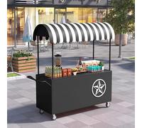 Chariot portable d'extérieur avec auvent rayé, présentoir mobile pour aliments avec roues verrouillables, grand stand de marché créatif en fer, pour événements, marchés et aliments de rue