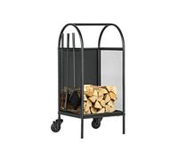 Outsunny Chariot à bois de chauffage avec roues, range-bûches, porte bûches de cheminée, avec accessoires, pelle, balai et tisonnier, foyer, intérieur extérieur, 37,5 x 37,5 x 80 cm noir