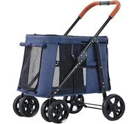 Chariot pour animaux de compagnie multiples, grand landau pour chien, poussette pliable pour 2 chats, poussette pour chiens jumeaux ou multiples, portant une charge de 66 lb (noir) (bleu)