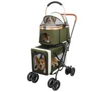Chariot pour deux animaux, pliable, capacité maximale de 15 kg par animal, cage de transport pour chat, sac de transport de type cage pour chien, 4 roues amortissantes (Vert militaire)
