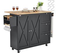Chariot pour îlots de cuisine VEVOR, chariot mobile de 143 cm avec plateau en bois et armoire de rangement, table roulante avec plateau rabattable, étagère à épices, porte-serviettes, étagère réglable