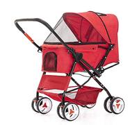Chariot poussette pour chien et chat à 4 roues, porte-chiot, guidon de déplacement et roue avant, rotation à 360°, pliage et installation faciles (rouge)