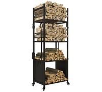 Outsunny Chariot range bûches intérieur, porte-bûches avec roulettes, 4 crochets, 4 outils de cheminée et 4 étagères grande capacité charge 60 kg métal, support de stockage de bois 45x30x118cm noir
