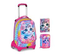 Chariot scolaire Jack 3 roues détachable Cat & Air Chaton 3 en 1 pour école primaire fille + trousse 3 zip avec papeterie + agenda 2025/2026 + 7 stylos effaçables et porte-clé pailettes