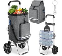 Chariot de courses 3 en 1 pliable gris sac isotherme diable bandoulière caddie 56L aluminium réglable 30kg roulettes panier pliant