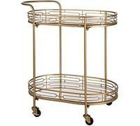 Chariots de service de bar pour maison, hôtel, restaurant, chariot de service à vin et thé - Chariots de bar ovales dorés sur roues - Chariot de service de luxe en métal miroir et plateau en verre