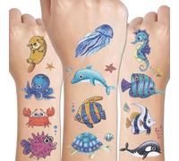 CHARLENT 120 Tatouages Temporaires de Créatures Sous-Marines à Paillettes pour Enfants - Tatouages de Créatures Marines pour Garçons et Filles, Cadeaux D'anniversaire pour Enfants, Sacs Cadeaux