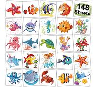 CHARLENT 148 Tatouages Temporaires D'animaux Marins pour Enfants - Tatouages Individuels de CréAtures Marines Pour Garçons et Filles, Cadeaux de FêTe D'anniversaire Océaniques