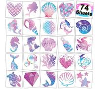 CHARLENT Glitzernde Temporäre Meerjungfrau-Tattoos für Kinder-74 Einzelne Blätter, Glitzer-Tattoos für Kinder, Meerjungfrau-Geburtstagsdekorationen