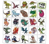 CHARLENT Lot de 148 tatouages temporaires dinosaures et dragons pour enfants - Tatouages individuels pour garçons et filles - Cadeaux de fête d'anniversaire dinosaure