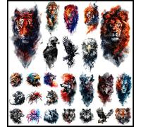 CHARLENT Lot de 25 Tatouages Temporaires de BêTes pour Hommes Adultes : 12 Tatouages Aquarelles, Bras, Lion, Loup, 13 Tatouages Tigre et Aigle pour Hommes