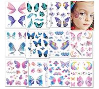 CHARLENT Tatouages Papillons Pailletés pour Filles et Femmes - 12 Feuilles de Tatouages Temporaires Papillons Pailletés pour le Visage, Cadeaux de Fête pour Filles, Maquillage de Festival