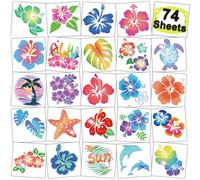 CHARLENT Tatouages Temporaires D'hibiscus Pailletés pour Décoration de Fête Aloha - 74 Individuelles Tatouages de Fleurs Hawaïennes Pailletées pour Enfants et Femmes Cadeaux de Fête Hawaïens